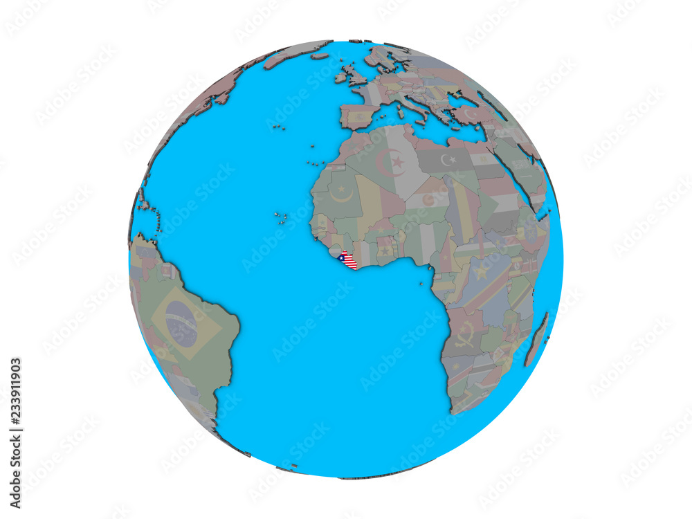 Liberia with embedded national flag on blue political 3D globe. 3D illustration isolated on white background.