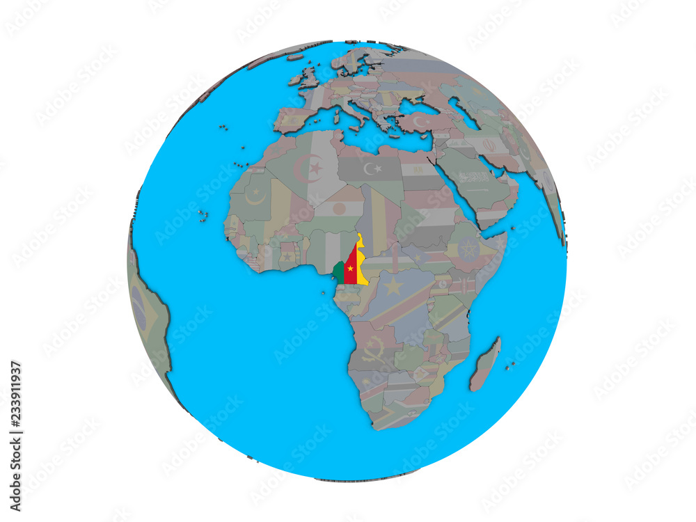 Obraz premium Cameroon with embedded national flag on blue political 3D globe. 3D illustration isolated on white background.