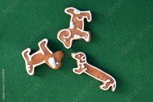 Three different breeds of gingerbread dogs