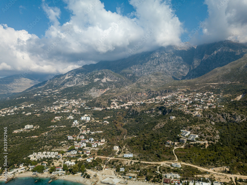 Aerial view of Dhermi and Albanian mountains in Albanian Riviera (Albania)