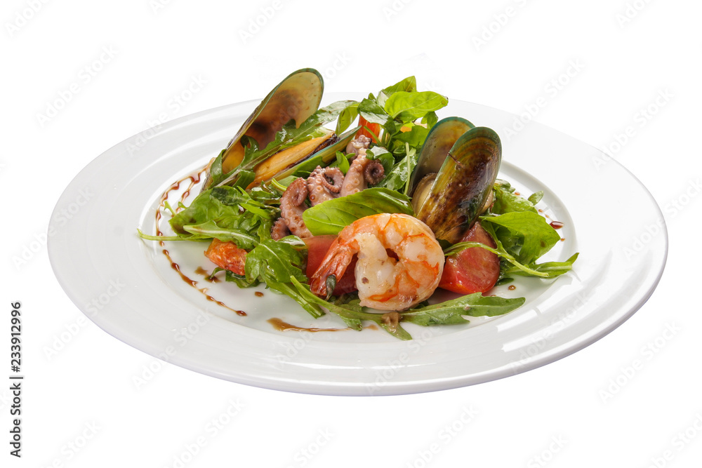 Seafood salad. A traditional Spanish dish. On a white background Seafood salad. A traditional Spanish dish. On a white background