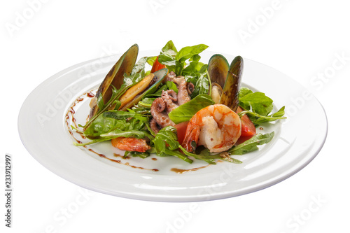 Seafood salad. A traditional Spanish dish. On a white background