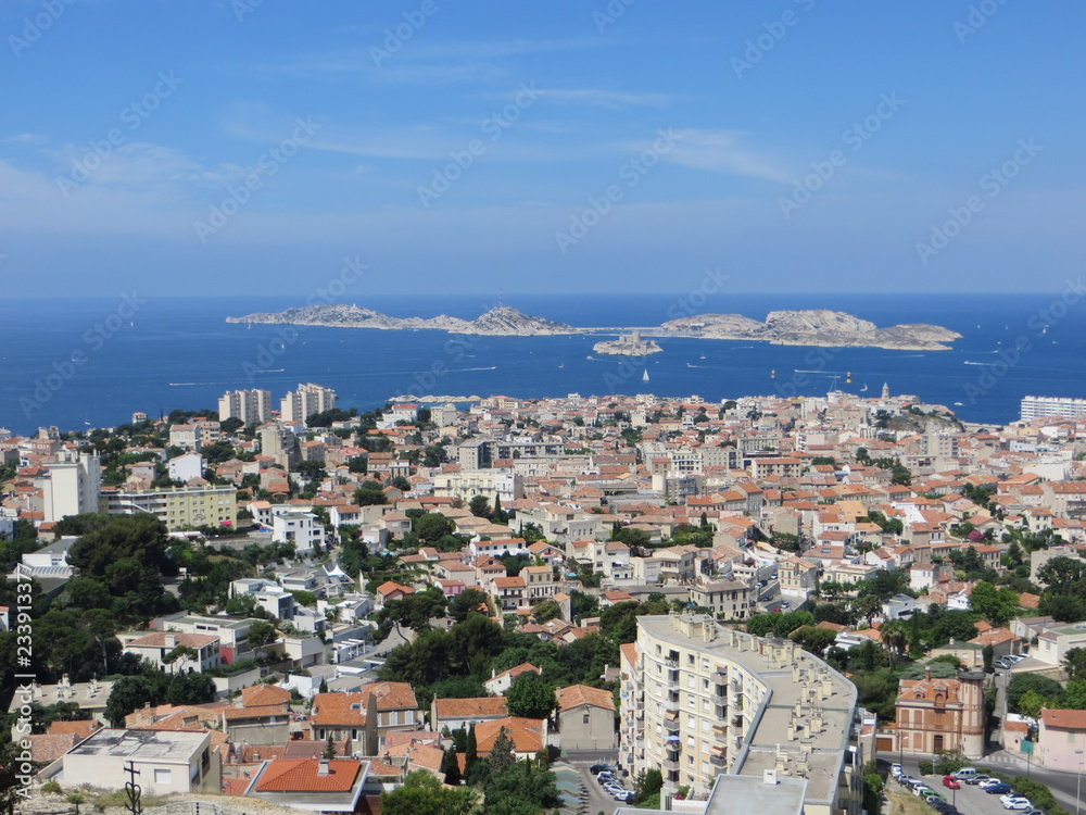 View on the city of Marseille with islands