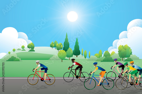 Cyclist riding on the road with scenery of sunset on the horizon over the sea landscape. Vector illustration of cycling sport concept
