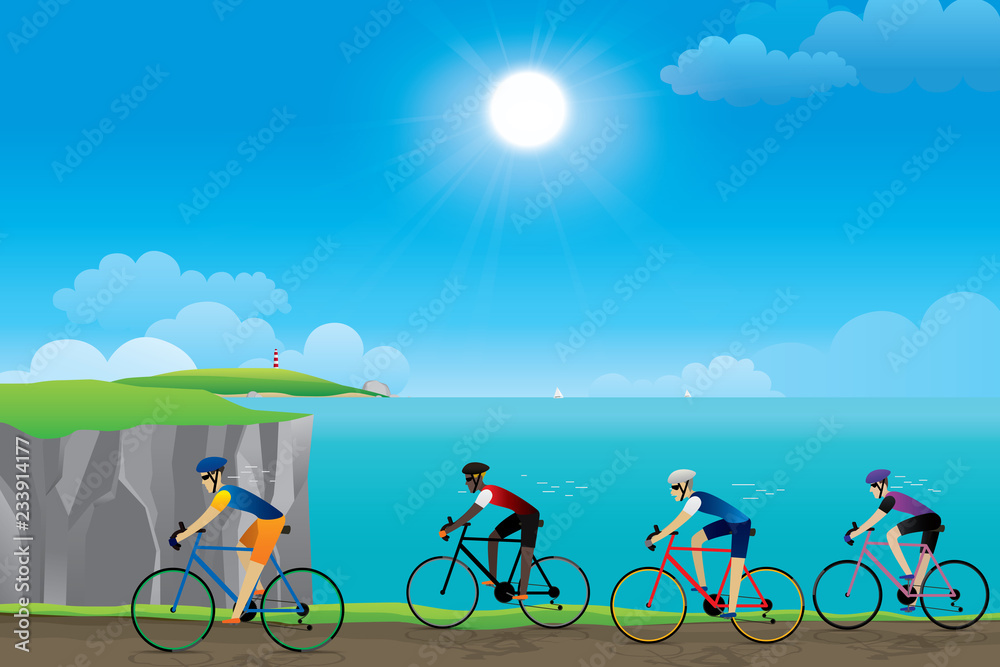 Fototapeta premium Cyclist riding on the road with scenery of sunset on the horizon over the sea landscape. Vector illustration of cycling sport concept