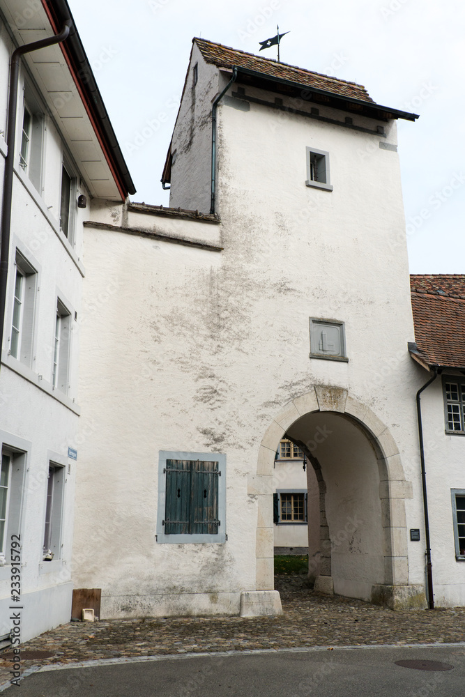 Neunkirch, SH / Switzerland - November 10, 2018: historic village of Neunkirch in the Klettgau with details of the typical architectural style and historic buildings