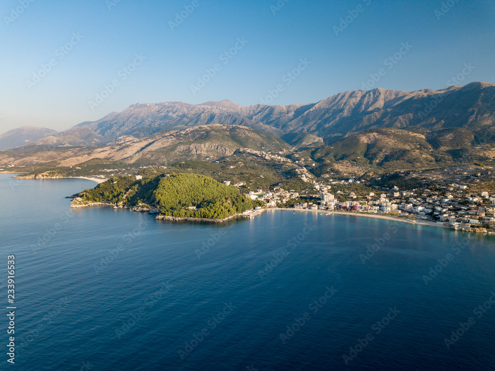 Aerial view of Himara (Himare) Located along the Albanian Riviera, Albania.  Beautiful Mediterranean seaside town