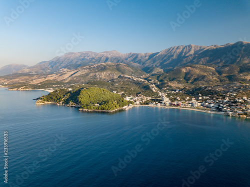 Aerial view of Himara (Himare) Located along the Albanian Riviera, Albania. Beautiful Mediterranean seaside town