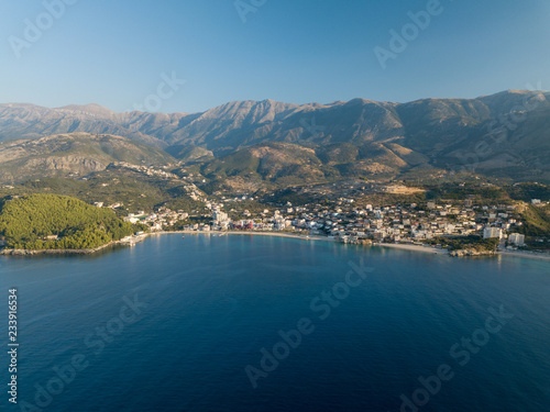 Aerial view of Himara and Himara beach in the Albanian Riviera (Albania)