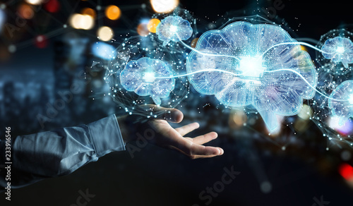 Businessman creating artificial intelligence in a digital brain 3D rendering