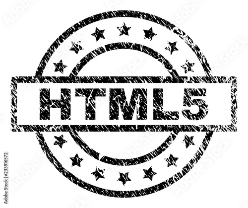 HTML5 stamp seal watermark with distress style. Designed with rectangle, circles and stars. Black vector rubber print of HTML5 tag with retro texture.