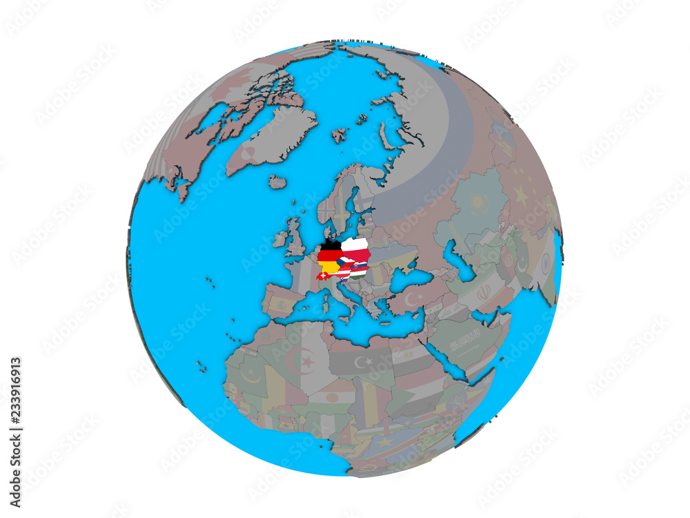 Obraz premium Central Europe with embedded national flags on blue political 3D globe. 3D illustration isolated on white background.