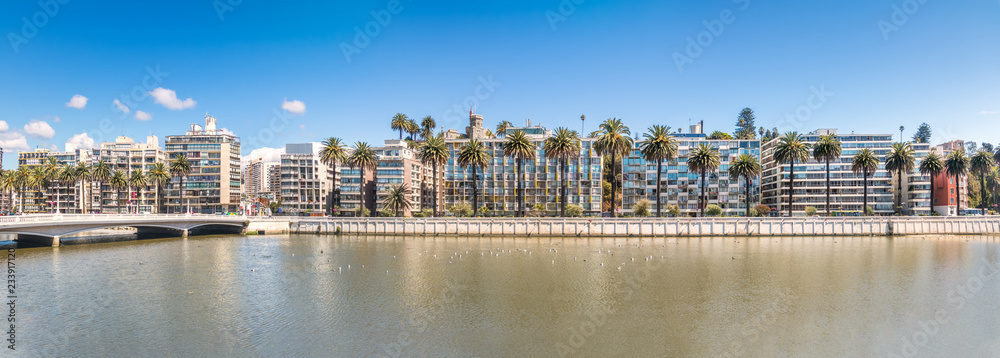 Fototapeta premium Panoramic view of Vina del Mar skyline at Estero River with Brunet Castle - Vina del Mar, Chile