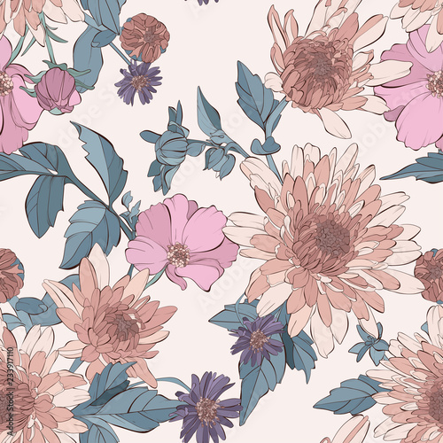 Vintage vector seamless pattern with aster flowers, tea rose, dahlia flowers and wildflowers. Autumn floral pattern. Hand drawn botanical vector illustration.  