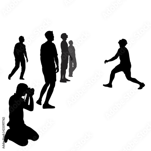 Black silhouettes of young people 5 people play volleyball, separately aside the photographer takes pictures of a team game. Men silhouettes isolated on white background