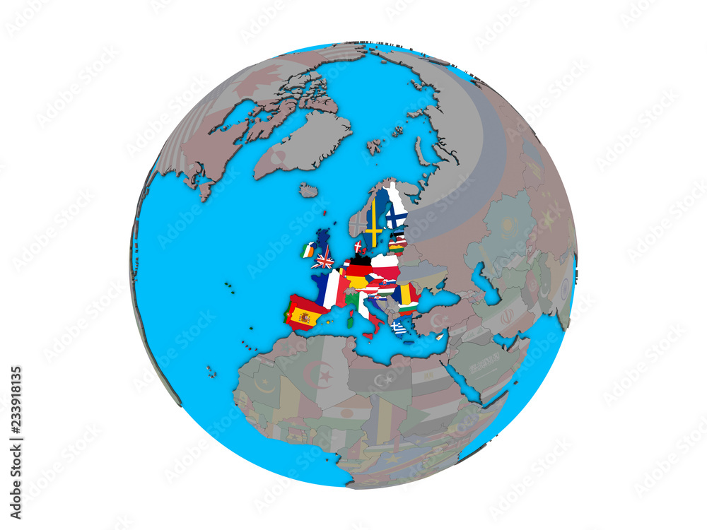 Naklejka premium European Union with embedded national flags on blue political 3D globe. 3D illustration isolated on white background.
