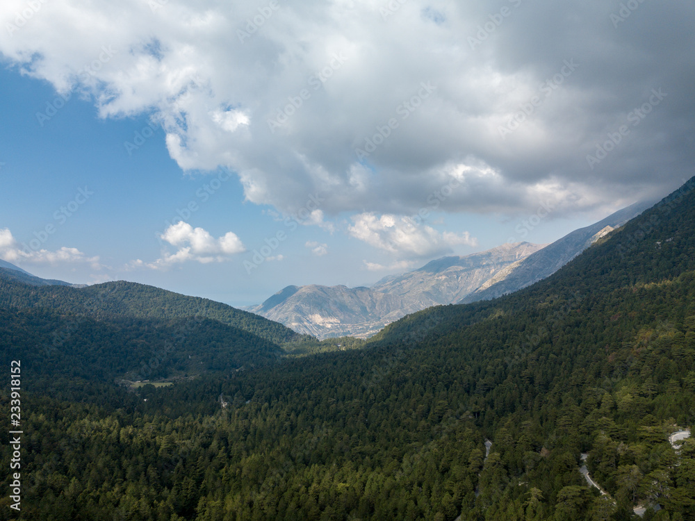Aerial view from Llogara Pass forest in the Albanian Riviera.  Vlora, Albania