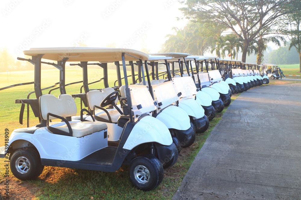 Golf carts on a beautiful golf course at the sunset, sunrise time.