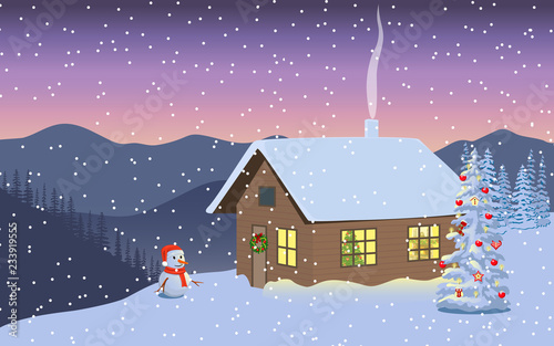 Winter evening twilight, night with illuminated house, snowman in santa hat, distant mountains, decorated x-mas tree,