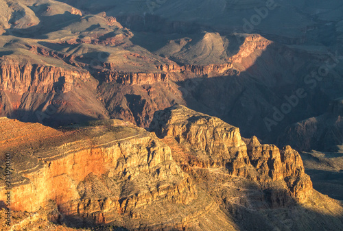 Grand Canyon view in the morning showing erosion and rock formations