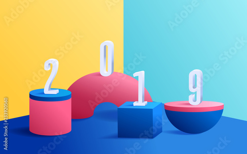 3D modern minimalist mockup colorful geometric. Geometric shapes on colorful background with 2019 Happy New Year.