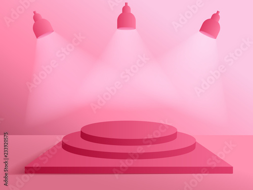 3D modern minimalist mockup. Podium for product presentation or showcase with spotlights on pink color background.