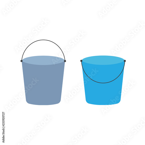 Cartoon buckets. Water pails, metal and plastic bucket. Isolated vector set. Collection of bucket container with water, pailful