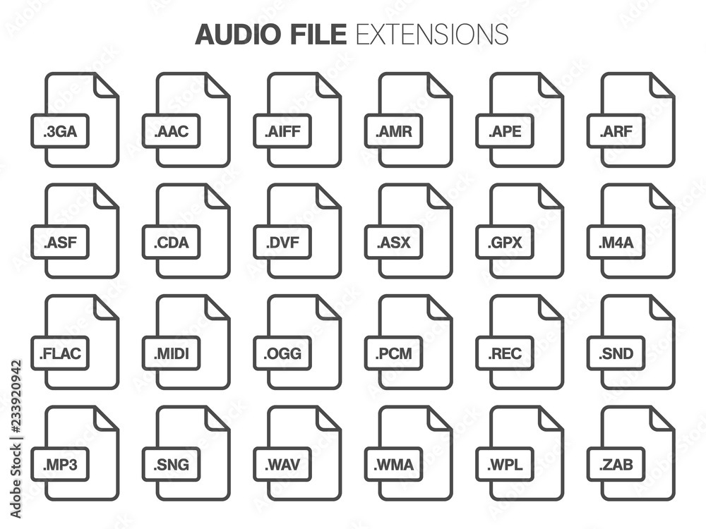 Flat style icon set. Audio, song, voice recording file type, extencion. Document format.