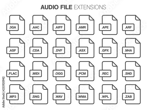 Flat style icon set. Audio, song, voice recording file type, extencion. Document format.