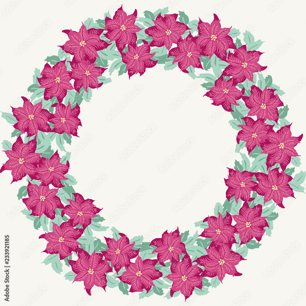 Floral round frame from lovely branches of poinsettia. Greeting card template. Design artwork for the poster, tee shirt, pillow, home decor. Christmas background