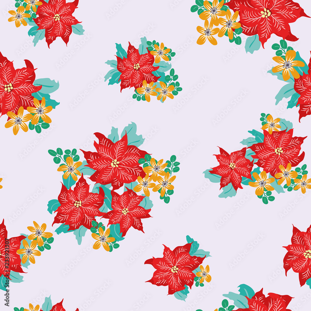 Festive seamless pattern in bright poinsettia. Liberty order. Holiday floral christmas background for wallpapers, textile, wrapping paper. Festive seamless pattern in bright poinsettia. Liberty order. Holiday floral christmas background for wallpapers, textile, wrapping paper.