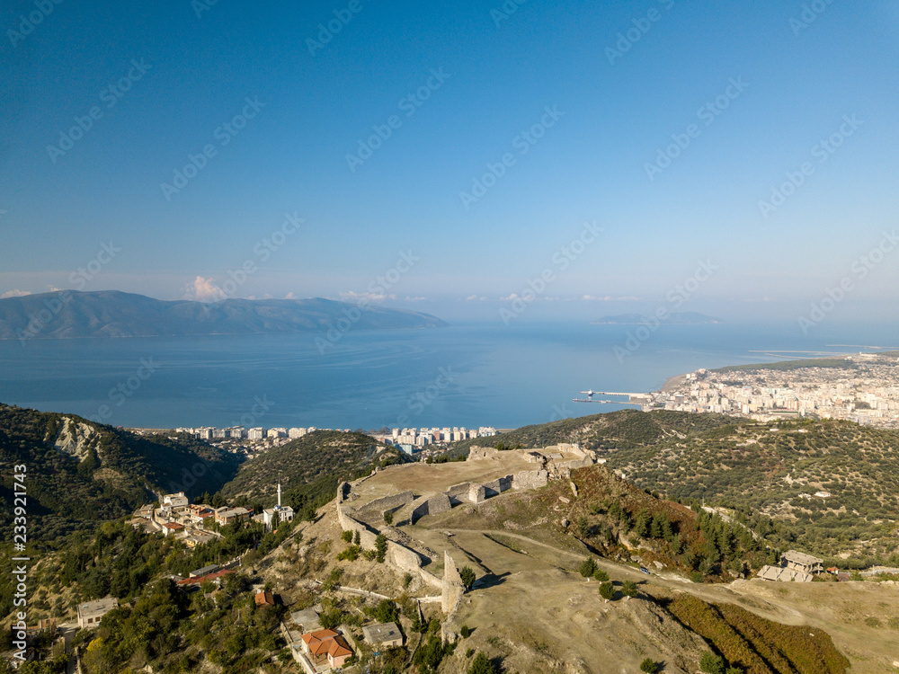 Fototapeta premium Aerial view of Kanine Castle in Vlora with Albanian Riviera in background