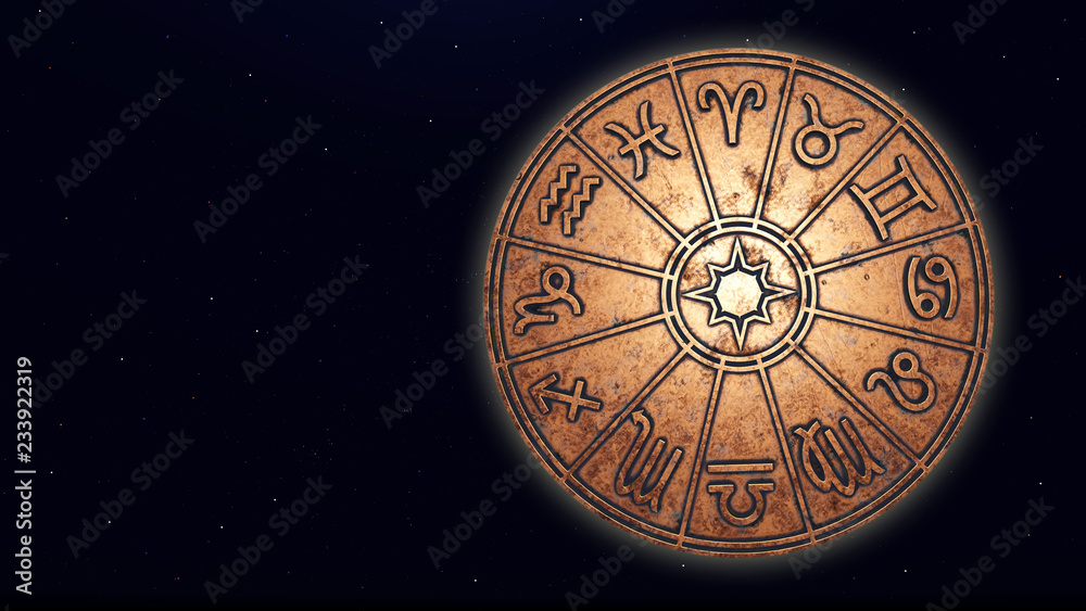 Astrological zodiac signs inside of copper horoscope circle Astrological zodiac signs inside of copper horoscope circle