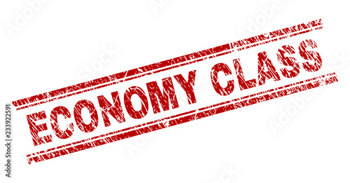 ECONOMY CLASS seal imprint with corroded effect. Red vector rubber print of ECONOMY CLASS tag with corroded texture. Text tag is placed between double parallel lines.