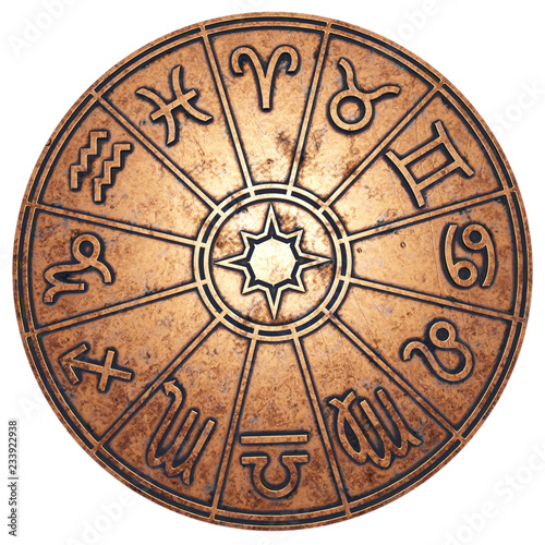 Astrological zodiac signs inside of copper horoscope circle