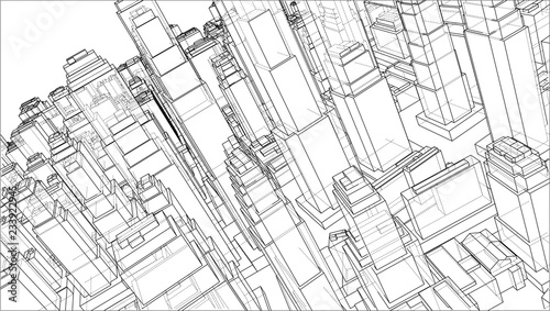 Wire-frame City, Blueprint Style. Vector