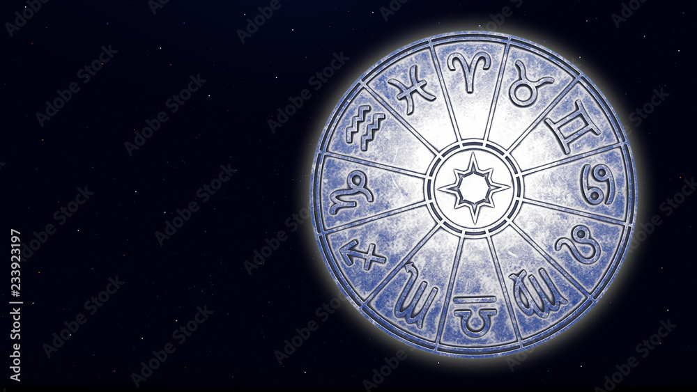 Astrological zodiac signs inside of silver horoscope circle