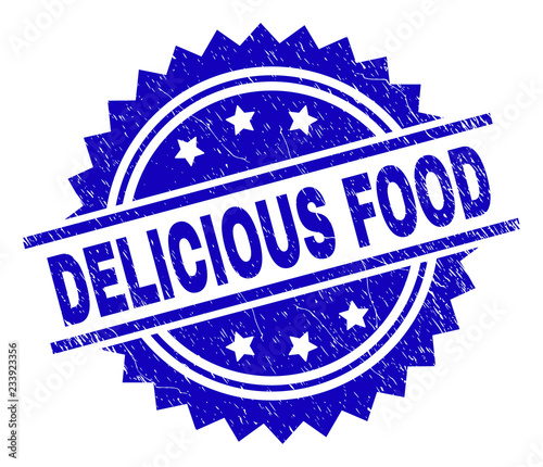 DELICIOUS FOOD stamp seal watermark with distress style. Blue vector rubber print of DELICIOUS FOOD label with unclean texture.