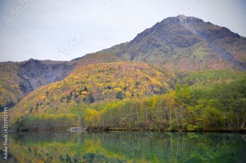 Natural landscape view of the autumn red-orange color forest with the mountain hill in Kamikochi,Matsumoto,Japan