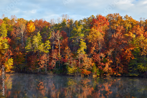 Autumn colors along the shore of Philpott Lake, located in the foothills of the Blue Ridge mountains near Stuart, Virginia
