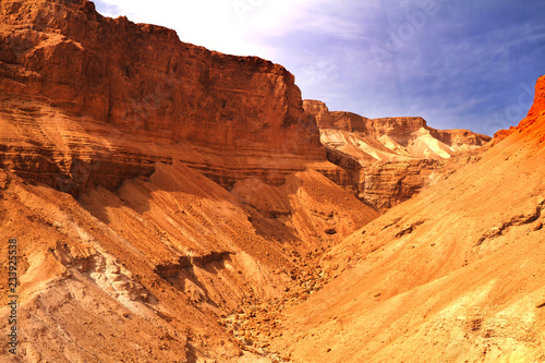 Scenic view of Masada mount in Judean desert near Dead Sea  Israel. Snake Path  favorite tourist hiking destination in Israel  great way to visit Herod s mountain palace  Masada  Israel