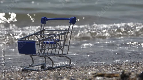 Wallpaper Mural supermarket trolley from grocery store stands on seashore or on ocean with a dry cargo ship on the horizon Torontodigital.ca