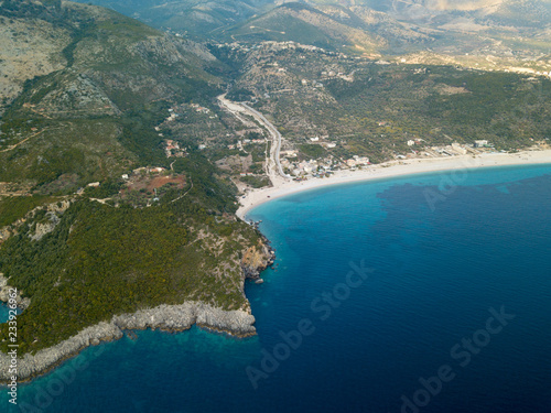 Aerial view of beautiful tropical Mediterranean beach in Himara, Albania (Albanian Riviera, Livadhi Beach)