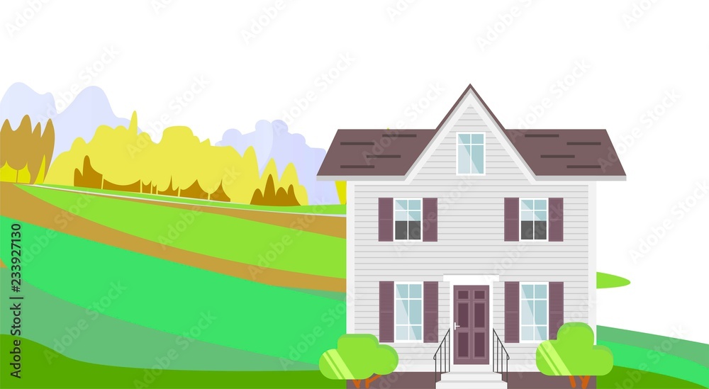 Two Storey House. Flat Design Landscape. Vector Architecture Illustration.