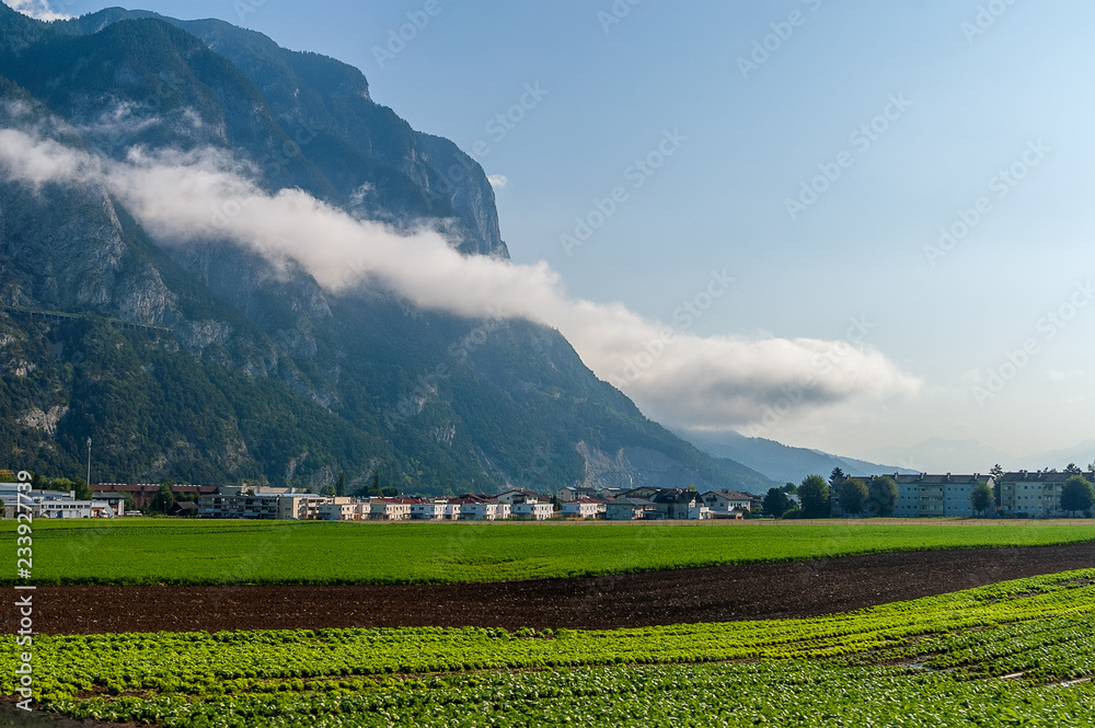 Fototapeta premium A green farmland close to a small town in front of the mountain with a white low cloud at sunny day
