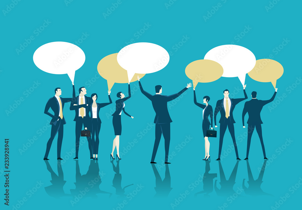 Team of business people holding up speech bubbles with space for message. Making decisions together Team of business people holding up speech bubbles with space for message. Making decisions together