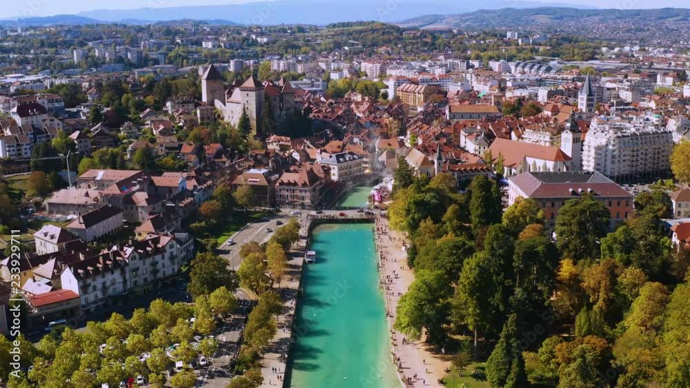4K Aerial view of Annecy lake waterfront low tide level due to the drought in France