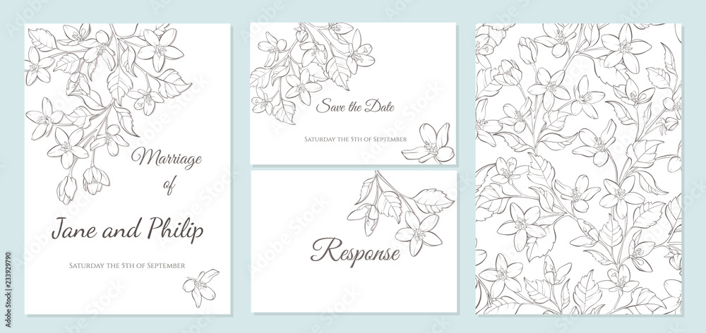 Plakat Wedding invitation card template design. Cherry blossom vector flowers on white. Vintage card. Hand-drawn contour lines and strokes.