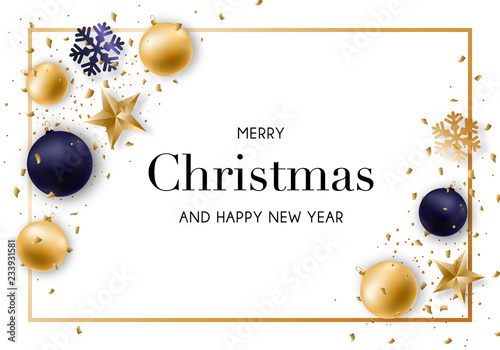 Merry Christmas and New Year background with shiny golden and blue balls, serpentine and confetti. Vector design template.