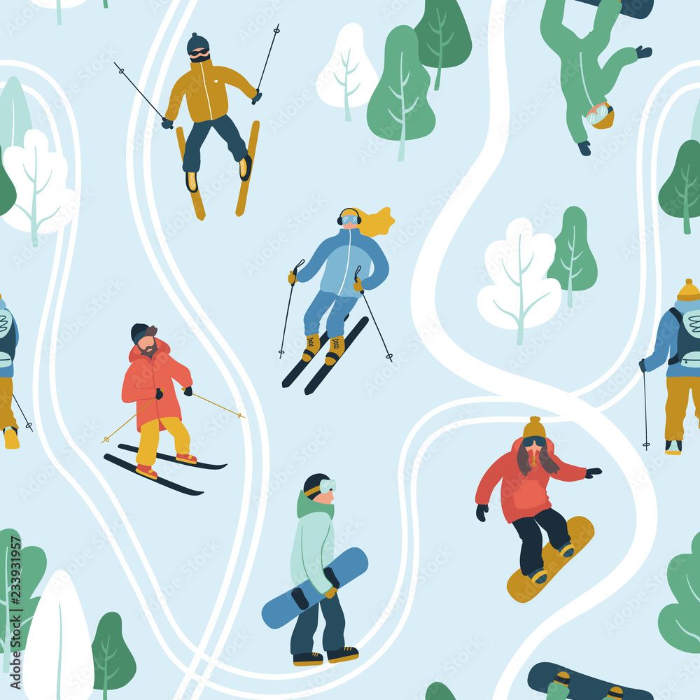 Seamless pattern with young people at mountain resort. Skiing and snowboarding. Winter sports illustration.